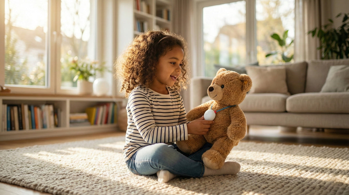 A young girl actively engaging in roleplay with her teddy bear using the Haivivi BubblePal, an interactive storyteller for kids that encourages speech.