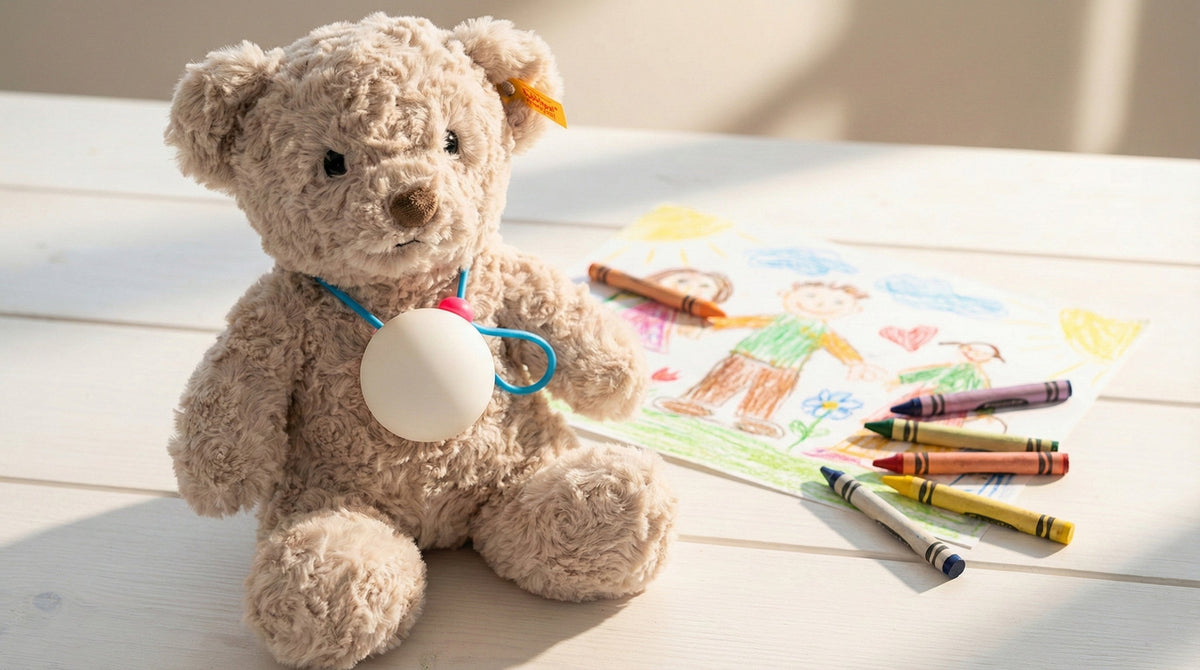 A plush teddy bear wearing the BubblePal device sitting on a white table next to a child's crayon drawing of a family, ready to turn art into audio.