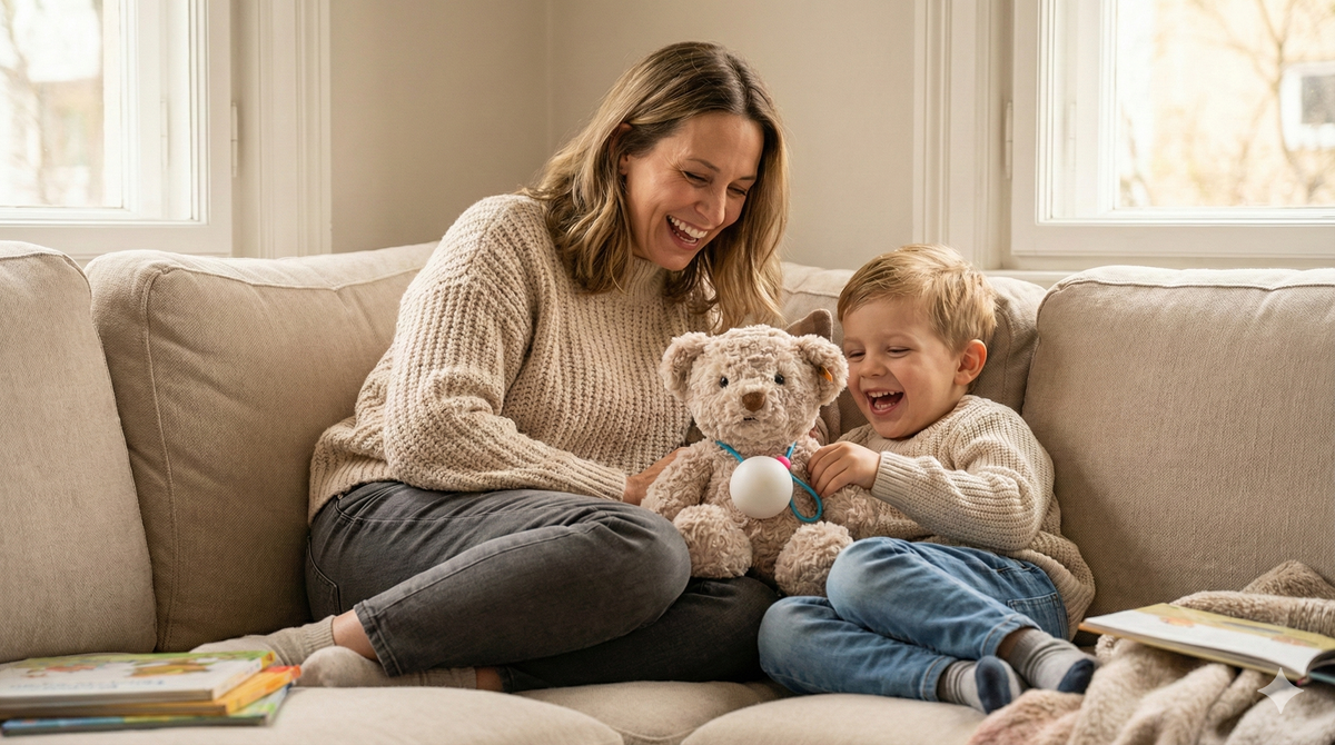 Mother and son laughing together on a sofa while interacting with a teddy bear wearing the Haivivi BubblePal AI storytelling toy, enjoying screen-free family time