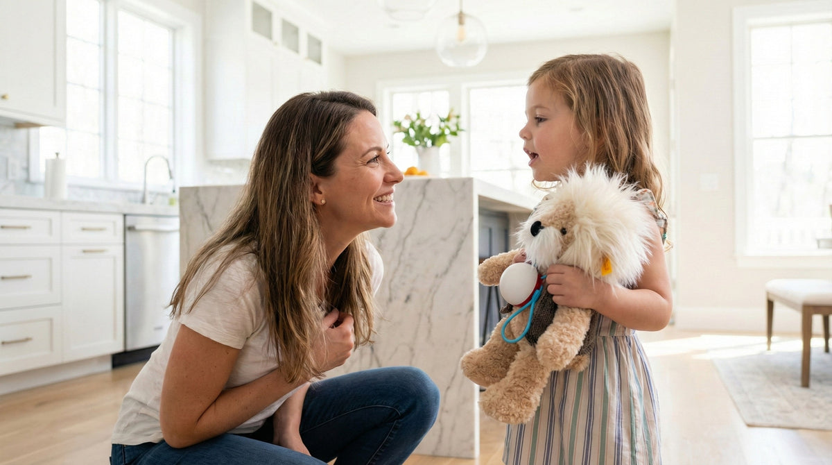 A mother kneeling down to eye level to actively listen to her young daughter, who is holding a plush lion with the Haivivi BubblePal attached.